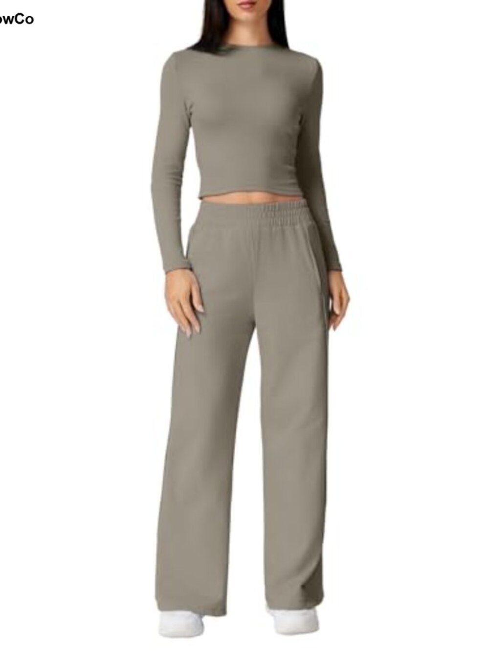 2 Piece Ribbed Knit Lounge Set Long Sleeve Crop Top Wide Leg Pants